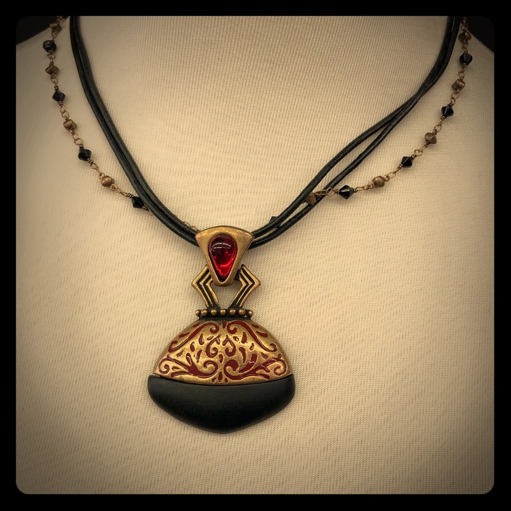 Chico’s Red Black and Gold Pendant Necklace